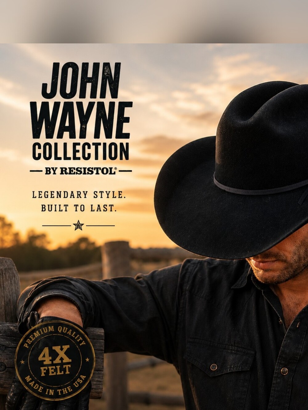 John Wayne Collection by Resistol Peacemaker 4X Felt Cowboy Hat Black 7 3/4 USA
